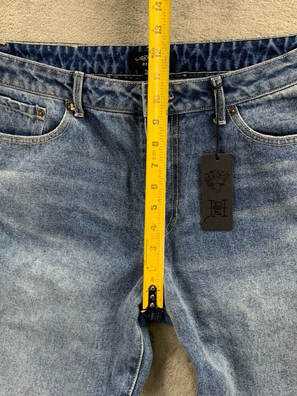 Ed Hardy Baggy Jeans Womens 32x31” Blue Multi Tattoo Painted Logo Koi Tiger Y2K - Picture 7 of 12